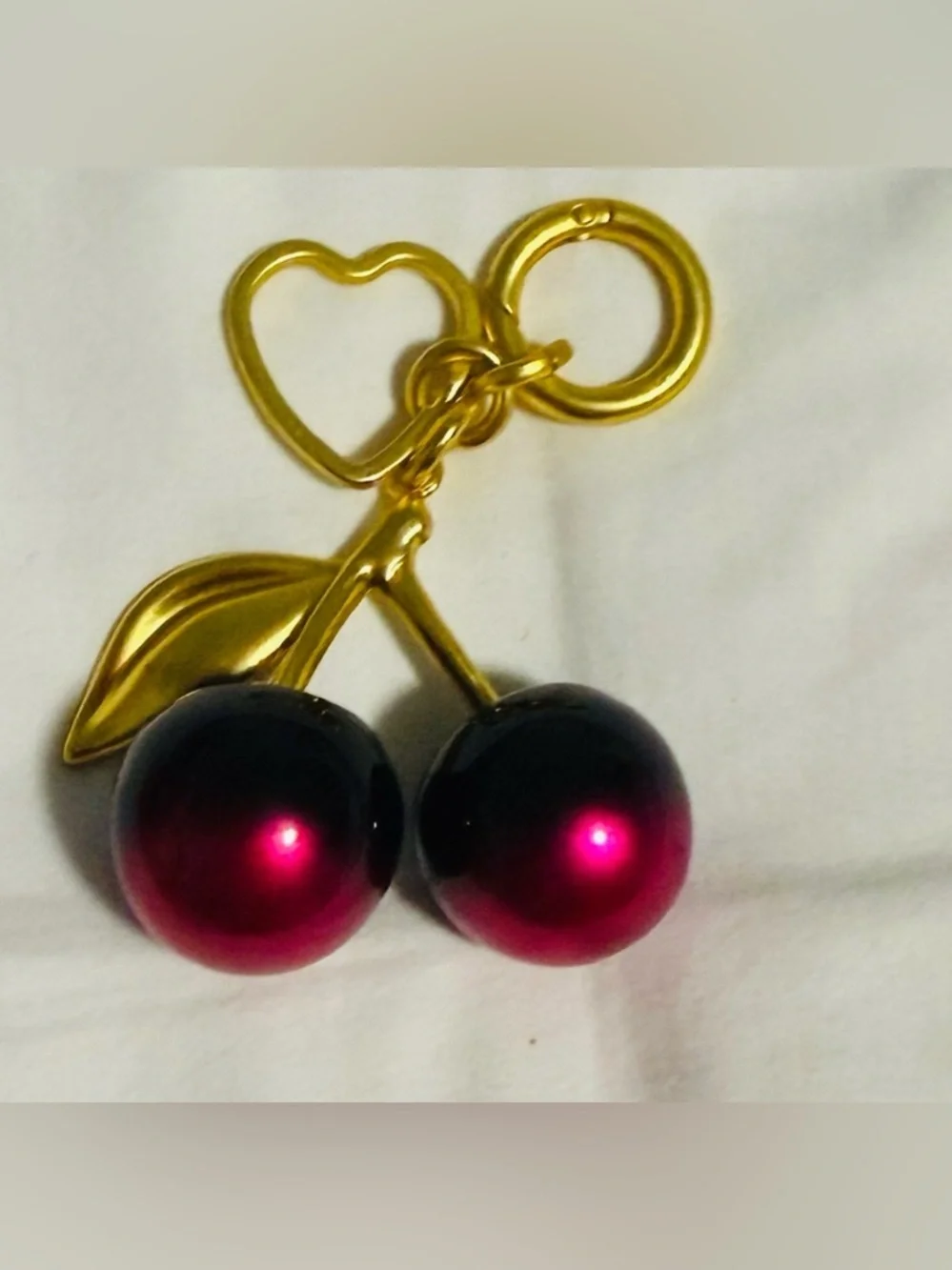 Bag Charm Gold and Red Ombré Cherry Key Fob/Bag charm with dangling heart ♥️